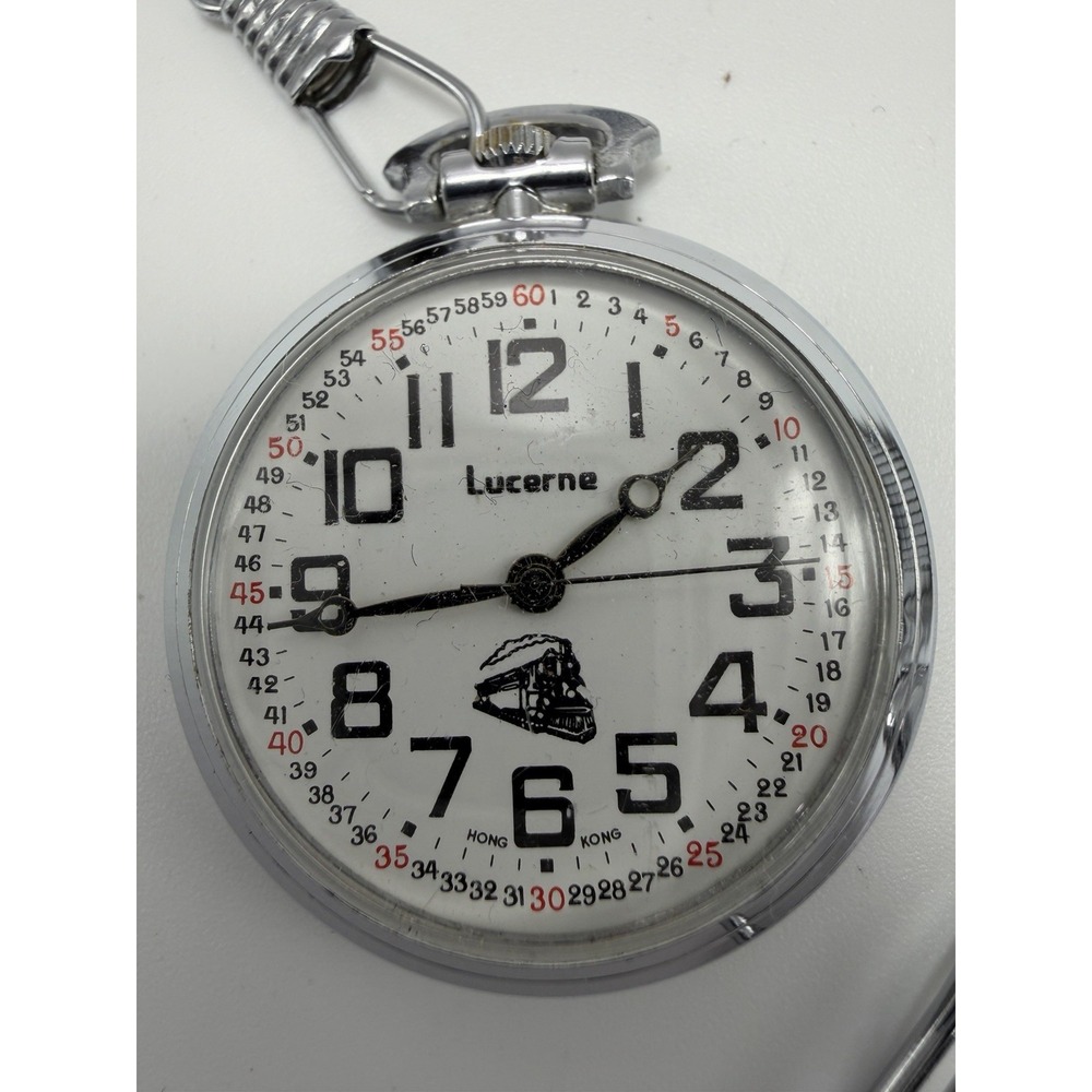 Lucerne Train Railroad Pocket Watch Manual Wind 40MM Works‎ Silver Tone